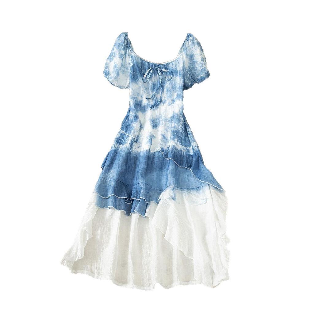 Платье-юбка с поясом, окрашенное в технике тай-дай, в французском стиле, с рукавами до локтя, средней длины, летнее