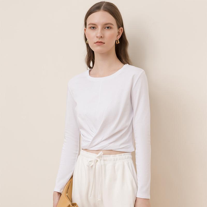 CANVAUS Autumn New Style Cotton Commuter Twisted Fashion Bottoming Shirt Solid Color Long-sleeved Round Neck All-match Women's Clothing