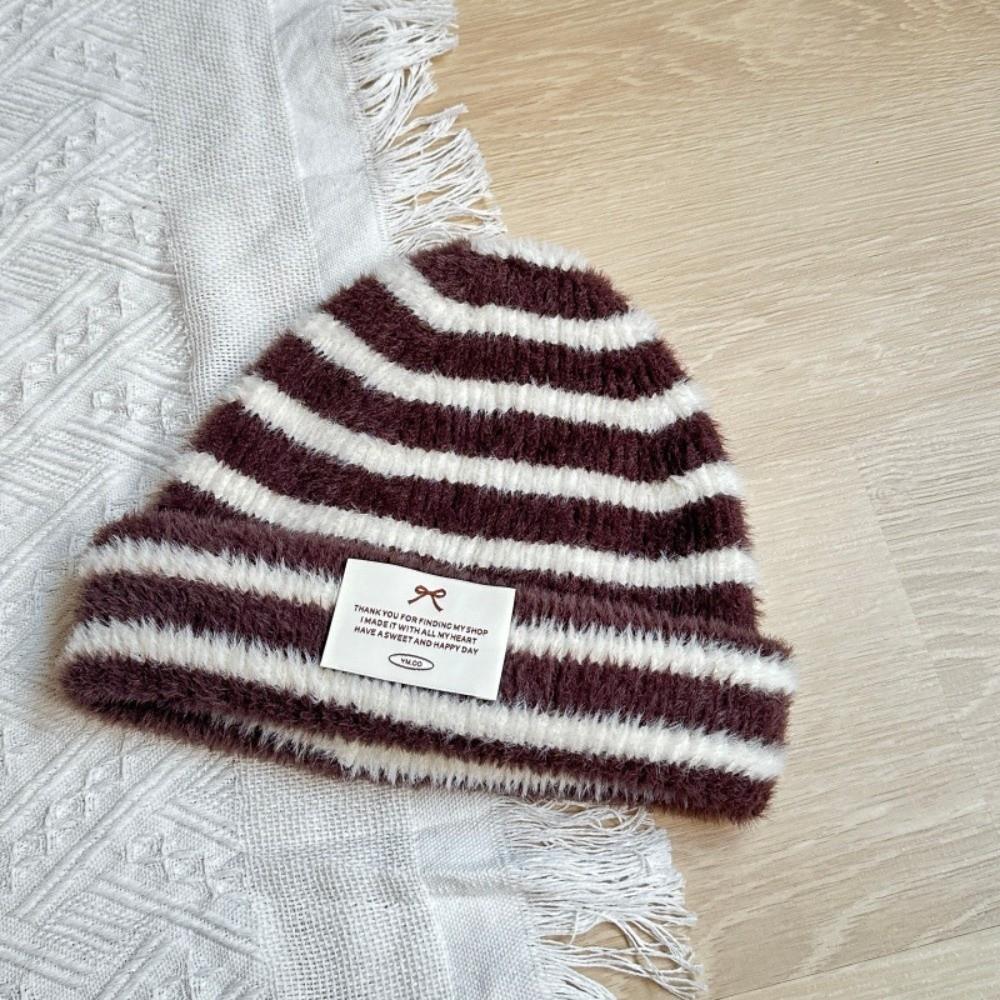 Earflap Knitted Beanie Hat Polyester Fall Winter Warm Hat Portable Striped Beanie Girls