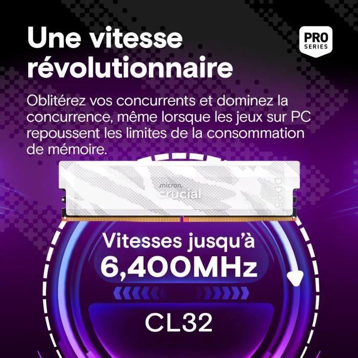 Kit mémoire gamer - CRUCIAL Pro OC - CP2K16G64C32U5W - 32 Go (2x 16 Go) DDR5-6400 UDIMM - CL32 avec dissipateur thermique - Blanc
