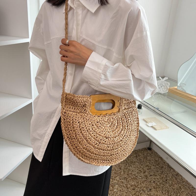 Straw Minimalist Yogodlns Summer Women Halfmoon Beach Handbags Rattan Handmade Kintted Handle Crossbody Bag