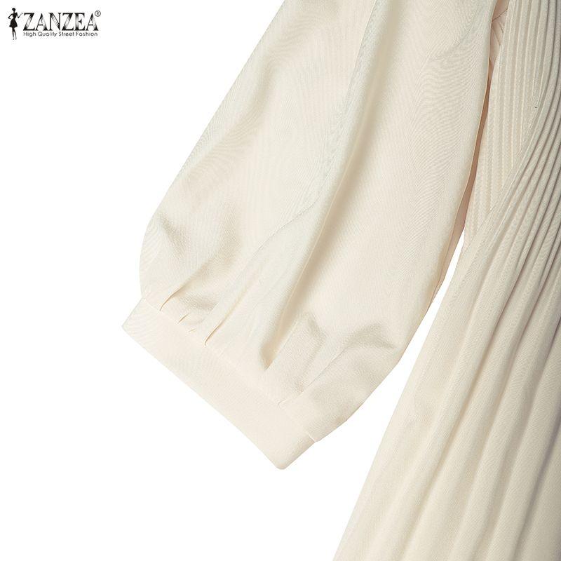 ZANZEA Повседневная свободная блузка с рукавом 3/4, стоячим воротником и плиссированной текстурой