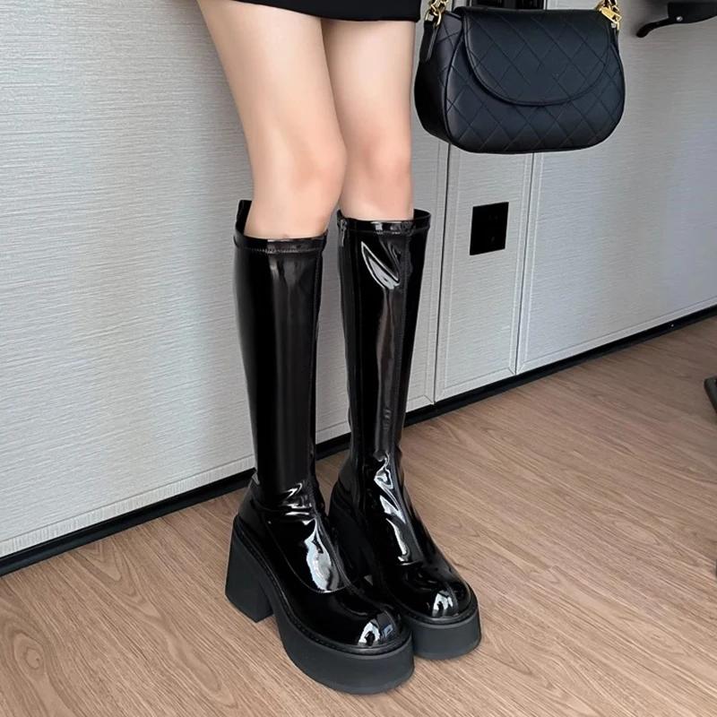 Мода Панк-стиль Высокий каблук Женские сапоги до колена Модные элегантные лакированные туфли Осень-зима Женские длинные сапоги Morder