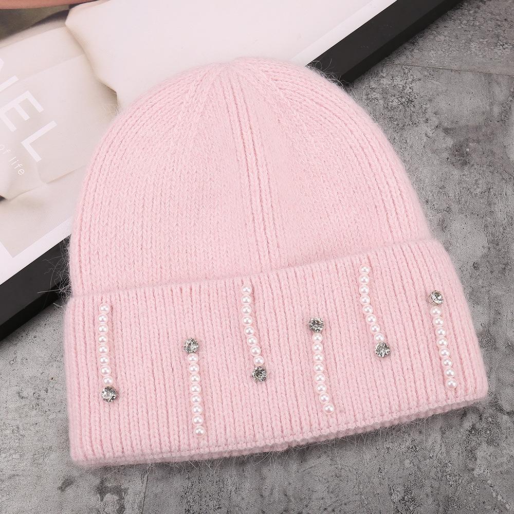 Autumn and winter new fashion rabbit hair blended rhinestone pearl installation versatile knitted hat outdoor simple warm wool hat