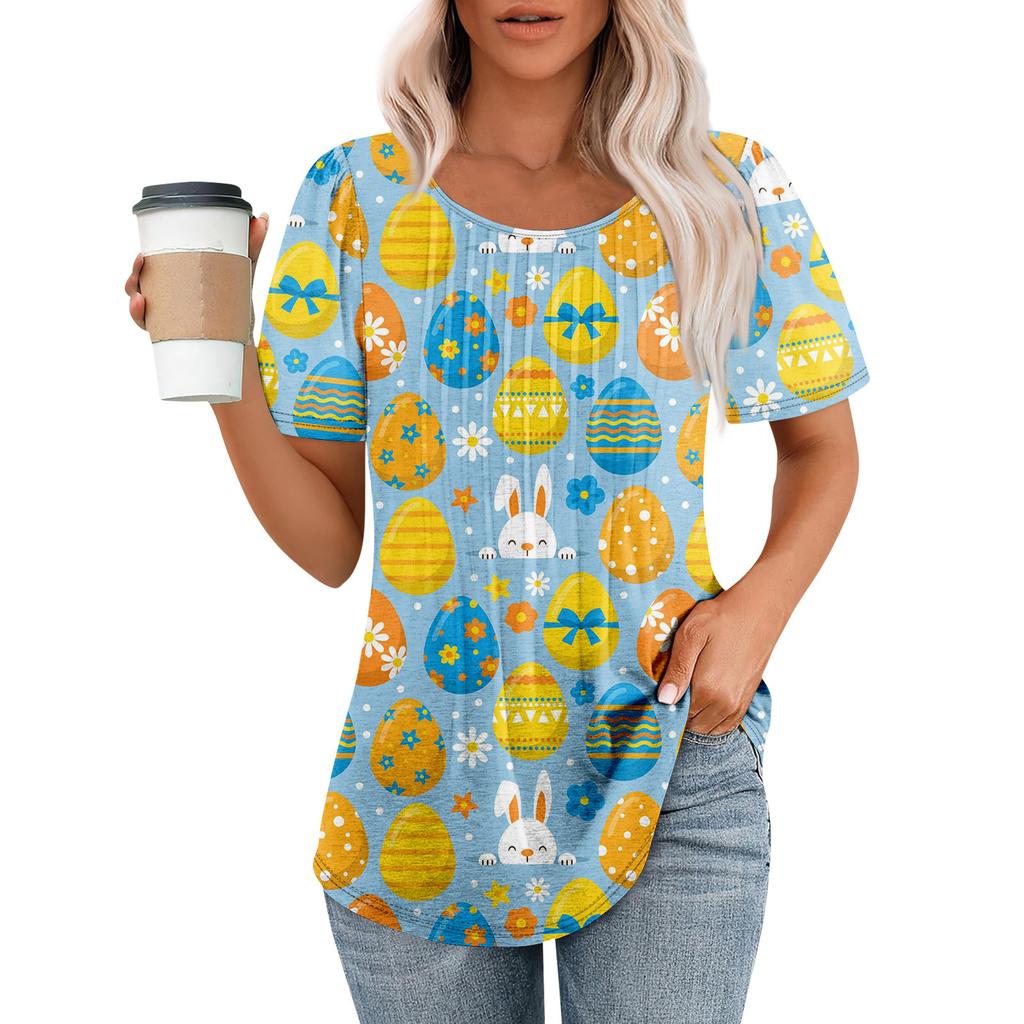Ladies' Easter Printed Casual Pleated Round Short Sleeved T-shirt Top