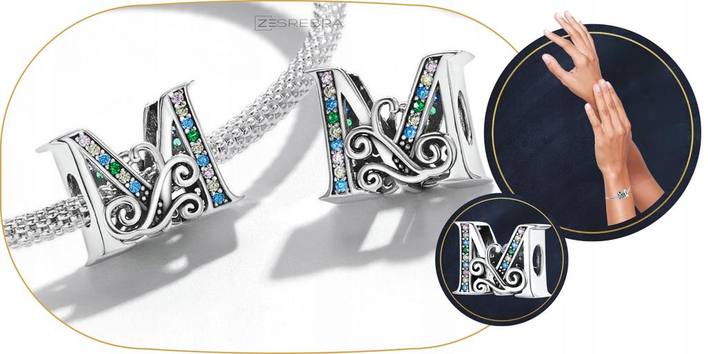 Charms Letter M Colorful Cubic Zirconia S925 Bead Pendant Twig Letter
