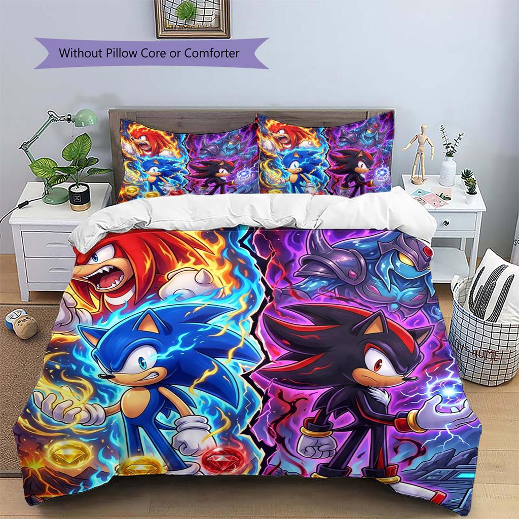 Hedgehog Sonic Pattern Bedding Quilt Set Quilt Cover Pillowcase Home Decoration Birthday Gift (1 * duvet cover + 2 * pillowcase, without core)