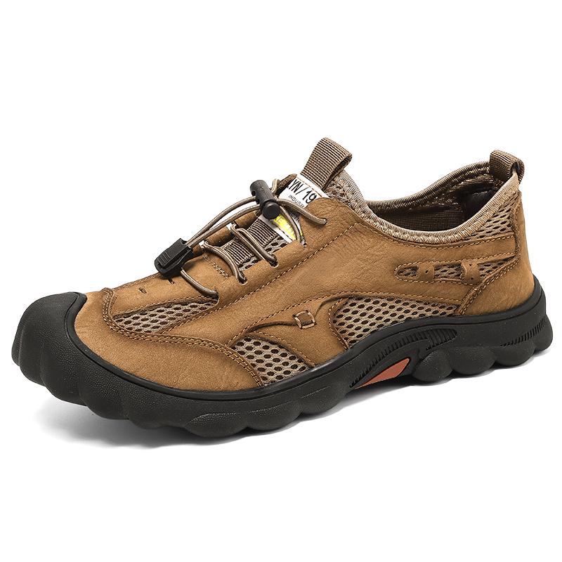 Нескользящие мужские походные туфли из натуральной кожи, дышащие мужские повседневные кроссовки со шнуровкой и сеткой, летняя обувь для активного отдыха