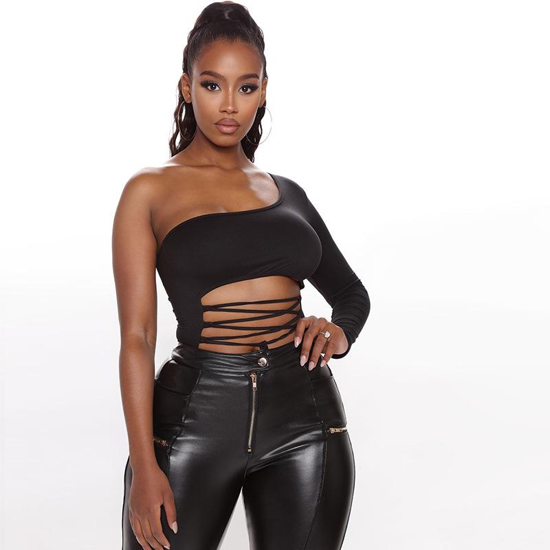 Y2K Европейский и американский сексуальный женский комбинезон на одно плечо с длинным рукавом и открытым пупком, весна/лето