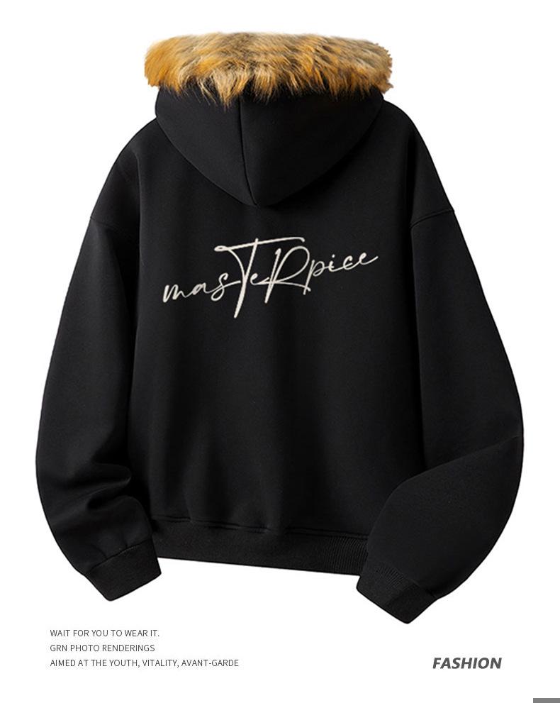 Retro Loose Fit Hoodie with Fur Collar - Unisex Fleece Outerwear for Autumn and Winter