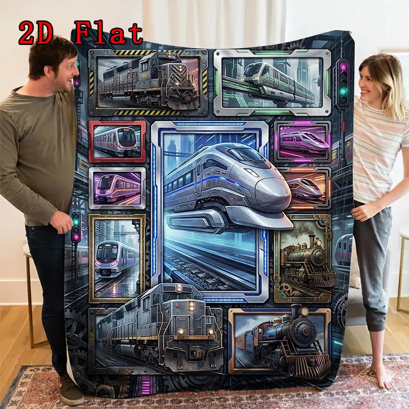 Train Evolution Showcase 2D Flat Pattern Flannel Blanket, High Quality All Seasons, Home Decor, Warmth and Comfort, Perfect for Christmas Gifts.
