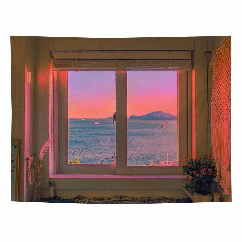 Minimalist Interior Window View Sunset Tapestry Wall Hanging Home Decor for Bedroom Living Room Dorm Landscape