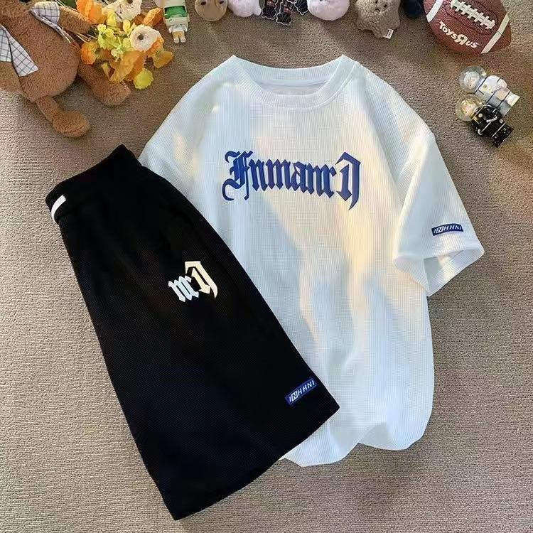 Летняя мужская футболка с коротким рукавом, дышащая вафельная футболка с коротким рукавом, молодежная футболка, нижняя часть рубашки, шорты, костюм