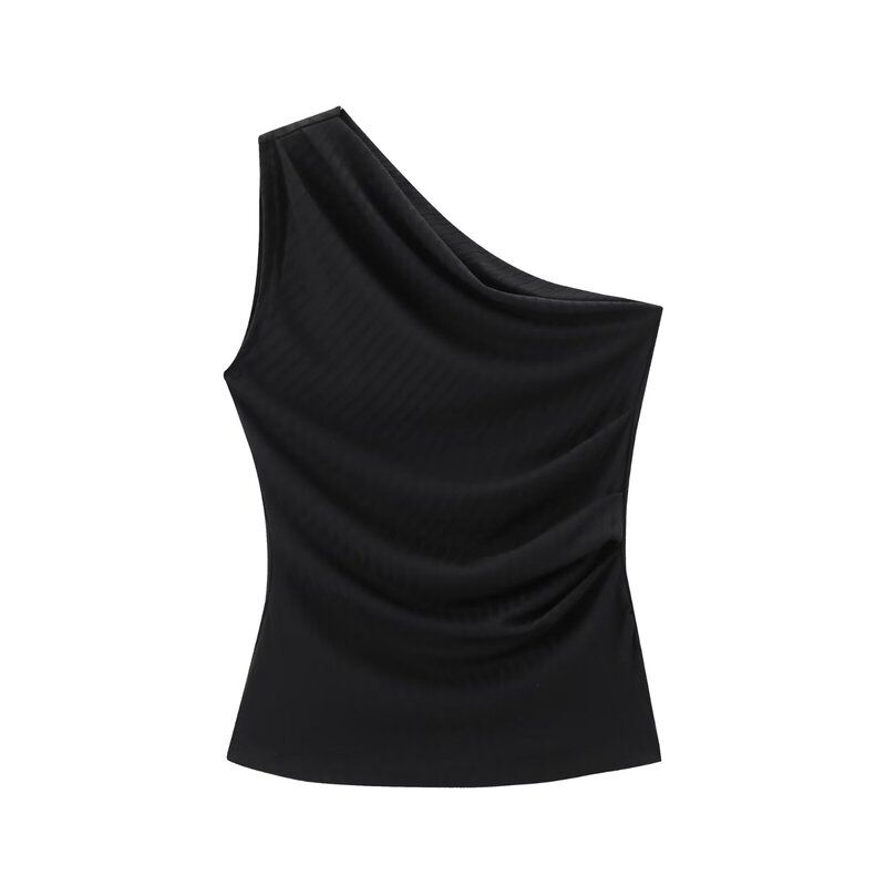 Fashion Style 2024 Summer New Women's Clothing Ruched Fabric Rib Asymmetric Collar Sleeveless Tops 1165455