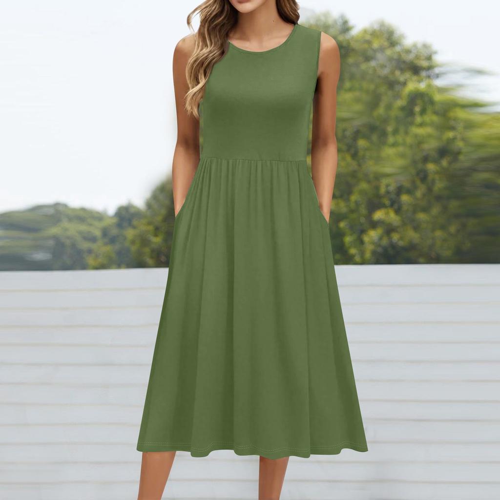 Женское модное однотонное платье без рукавов с круглым вырезом и карманом средней длины