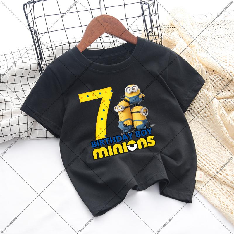 Minionses Boys Birthday Party T-shirt Cartoon Anime Pattern Number 1-9 Printed T-Shirt Children Summer Clothes Fashion Tops Gift