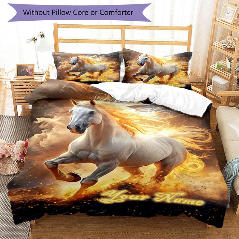 3PC Custom Name Epic Horse Flames Bedding Set Printed Bedding Set Duvet Cover Closure Includes 1 Duvet Cover & 2 Pillowcases for All Seasons Bedroom