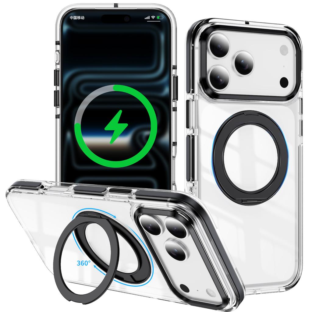 For iPhone 17 Pro Max Case Compatible with MagSafe Rotating Kickstand Shockproof TPU PC Acrylic Clear Phone Back Cover