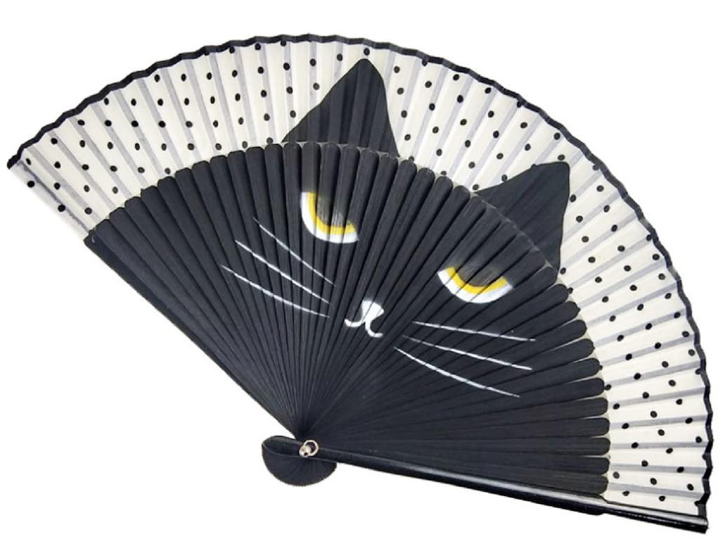 Складной Милый Кот Стильный Современный Кот Включает Сумку-Веер [deaizaka.biz] Женский Веер, Лицо, Дизайн, (черный)