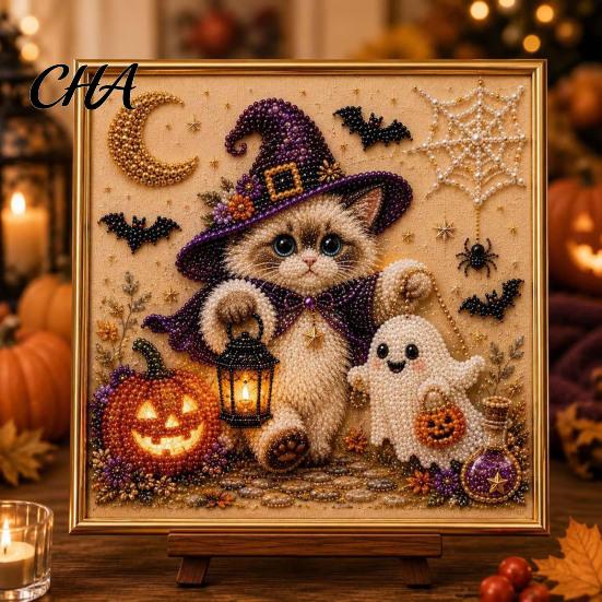 Complete Bead Art Set with Frame Ghost Faux Pearl DIY Kit Frame, Halloween Cat Painting Hobby Craft Kits for Leisure Kit, 3D Witch Pumpkin Adults,