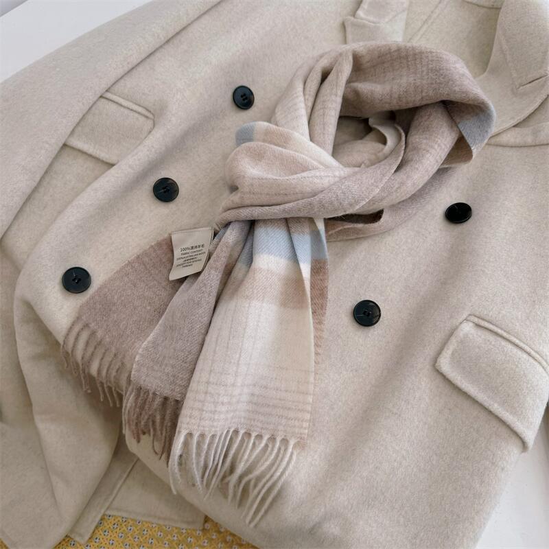 100% Wool Women's Scarf: 2024 Spring/Autumn Korean Style Plaid Shawl