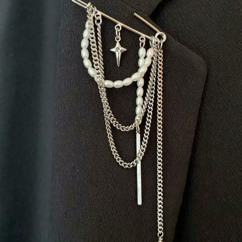 Women Elegant Luxury Pearl Pin Corsage Vintage Multi-Layer Long Tassel Chain Brooch Safety Pins Party Jewelry Gift