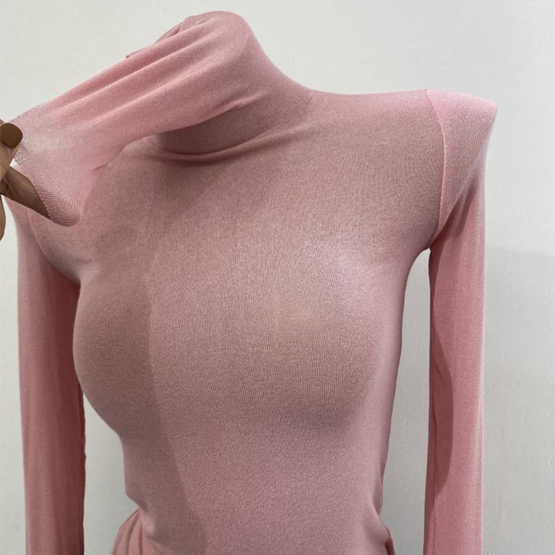 Sleeve Thin Soft American Long Tshirt High Stacked Neck Tight Perspective Bottom Shirt Womens Slim Fit Tops Sexy Streetwear