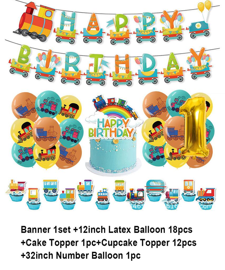 Cartoon Train Theme Birthday Party Decoration Number Balloons Cake Topper Transportation Vehicles Backdrop Banner Party Supplies
