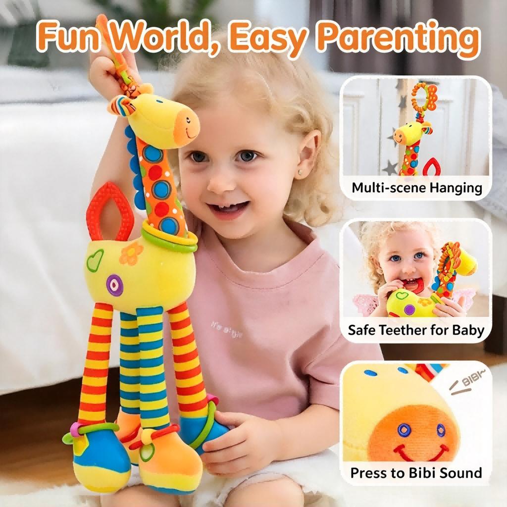 1pcs Soft Giraffe Animal Handbells Rattles Plush Infant Toddler Bed Hanging Toy Baby Early Education Development Handle Toys