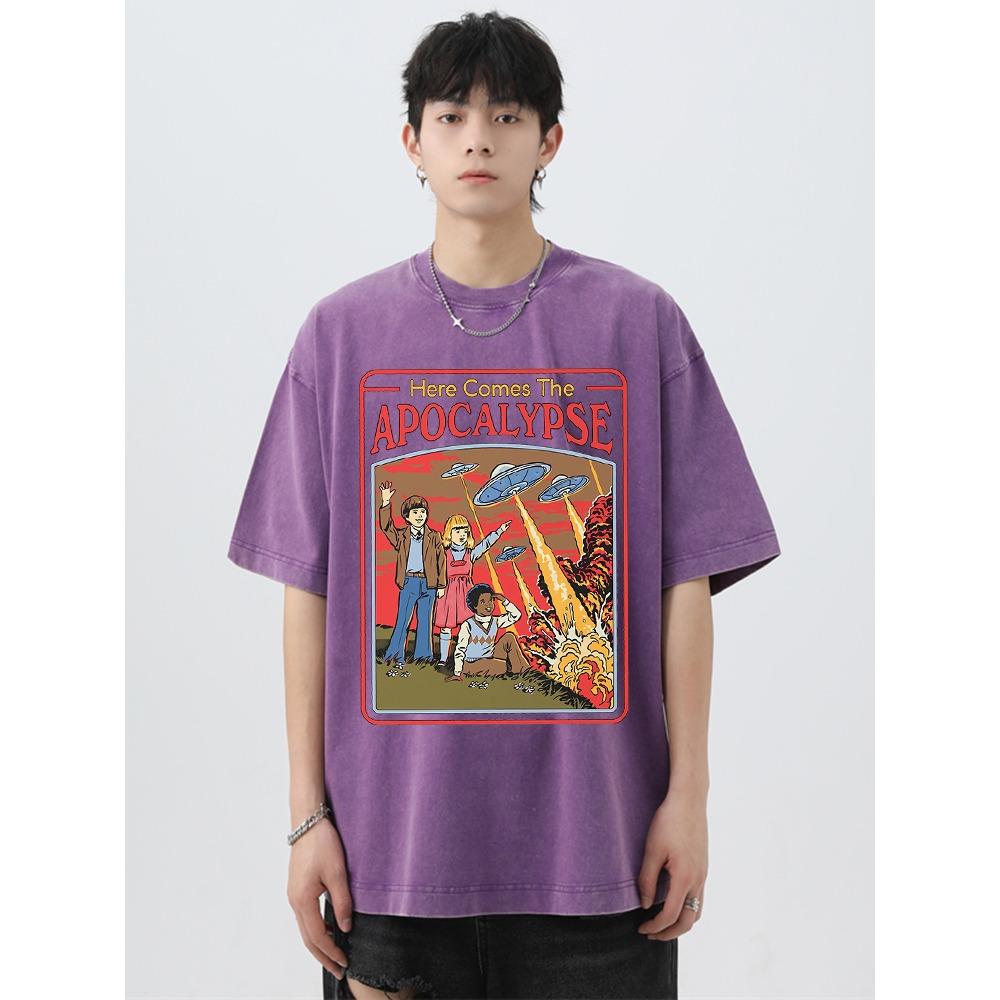 Here Comes The Apocalypse Ufo Washed Retro T-Shirt Мужская мода Хлопковая одежда Футболки Большие уличные повседневные топы
