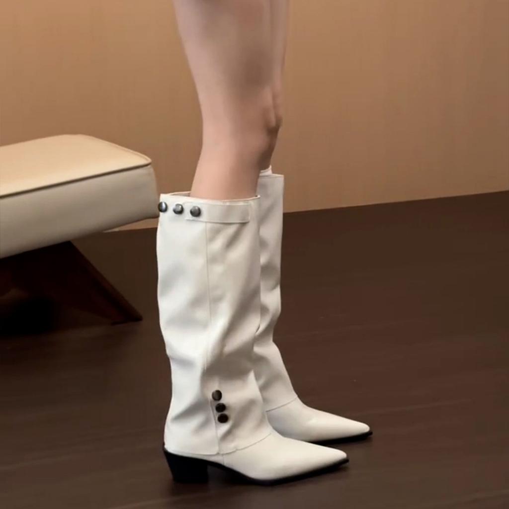 2025 French temperament pointed boots women's thick heels but knee Spice girls pant boots retro knight boots.