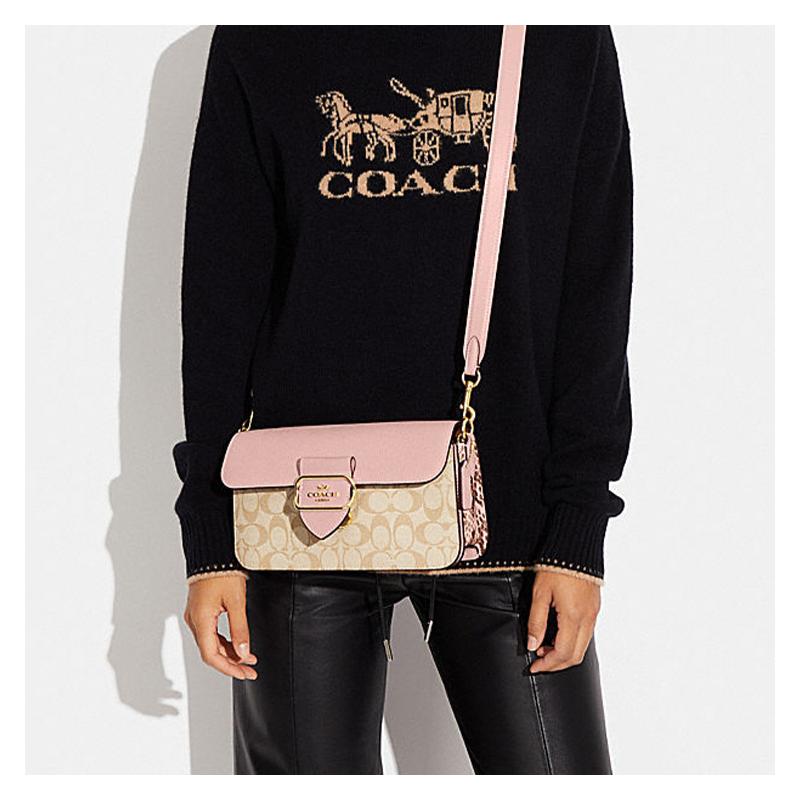 COACH Morgan 27 detachable shoulder strap canvas with leather and cow leather hand-held shoulder bag large size women's khaki presbyopic and pink