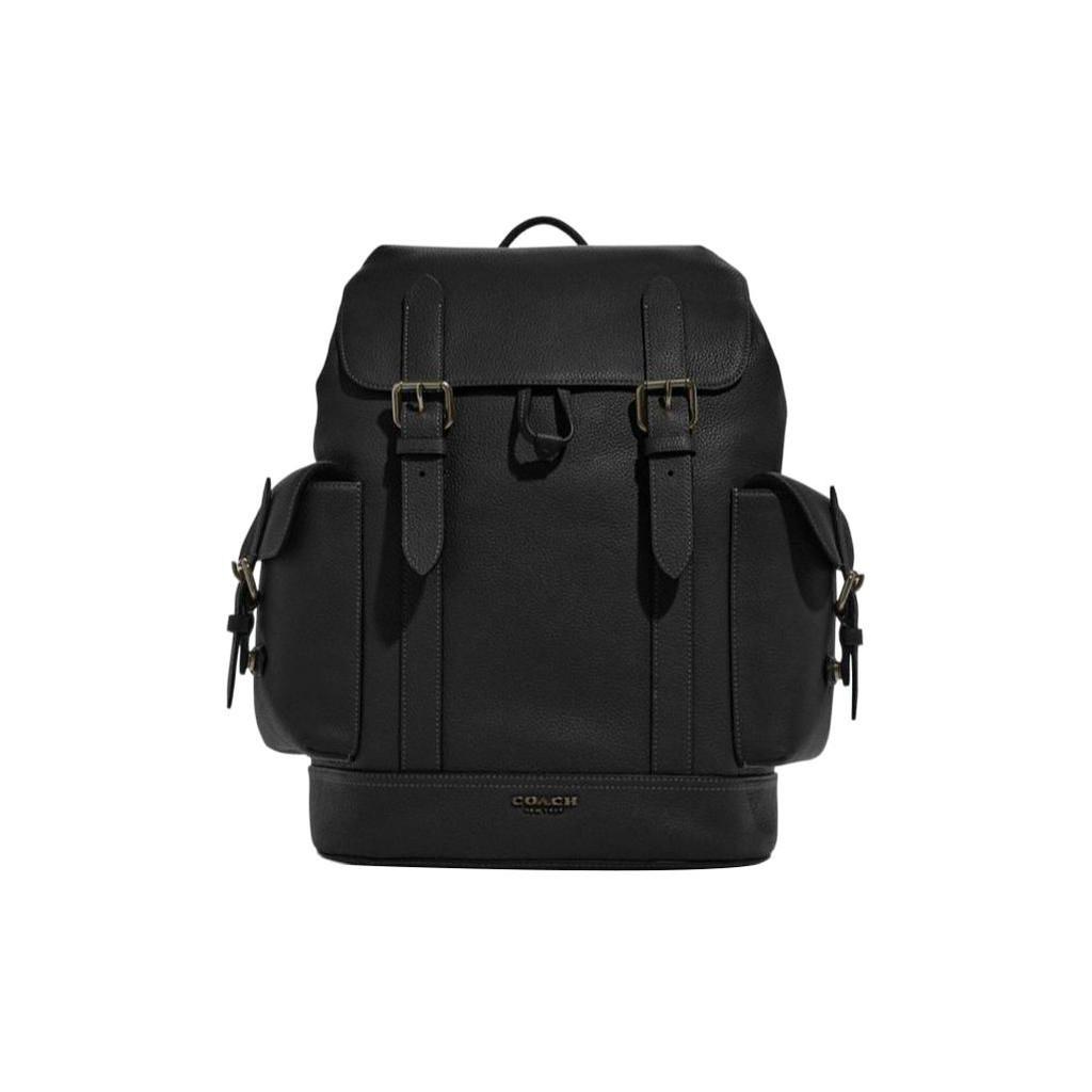 Coach Hudson 30 Solid Color Flap Drawstring Closure Internal Zipper Pocket Natural Grain Leather Backpack Men backpack Black CB837-QBBK