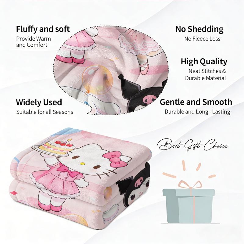 Sanrio Birthday Flannel Blanket Soft Cozy Plush Throw Kawaii Hello Kitty Sofa Bed Cover Office Nap Shawl Travel Camping Blanket