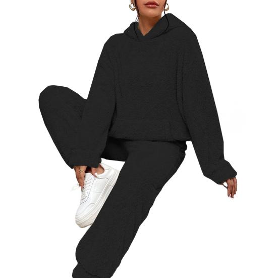 Women's Fuzzy Fleece Pajamas Set Winter Plush Pullover Hoodies And Pants Lounge