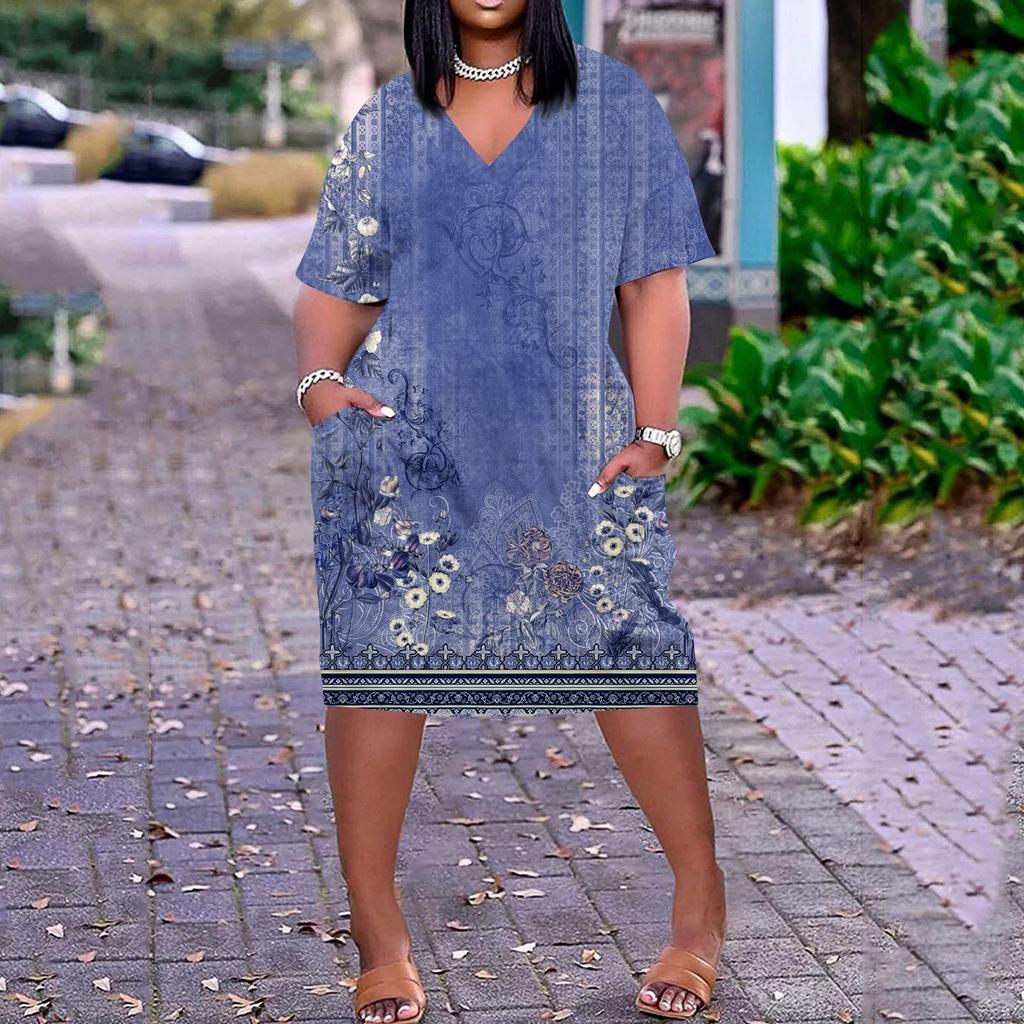 Лето плюс размер V-образным вырезом с короткими рукавами и карманами до колена с принтами повседневное платье для женщин