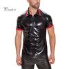 Men Summer Top Turn-down Collar Smooth Faux Leather Short Sleeves Slim Fit Soft Mid Length Club Party Performance
