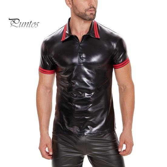 Men Summer Top Turn-down Collar Smooth Faux Leather Short Sleeves Slim Fit Soft Mid Length Club Party Performance