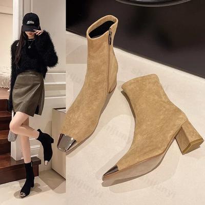 Ботильоны женские на толстом высоком каблуке замшевые туфли женские с металлическим острым носком 2025 года тренд зима новый готический походный снег Botas De Mujer