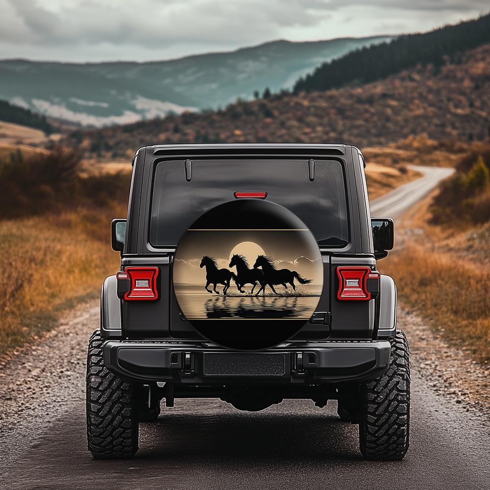 Moonlit Horse Silhouette Car Tire Cover Polyester Fiber All Weather SUV Sports Vehicle Customizable Protector
