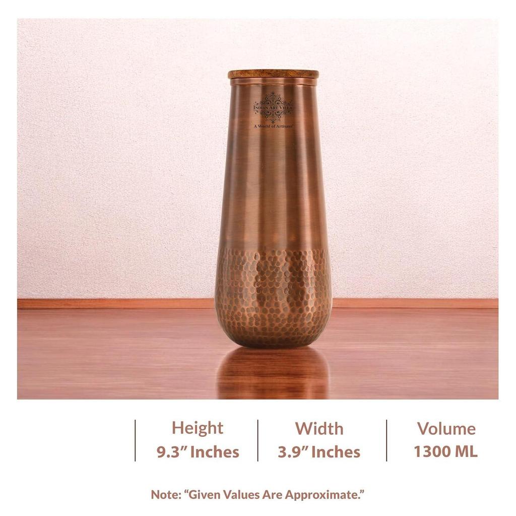 Pure Copper Bedroom Water Bottle with Wooden Lid, Aqua Vase Design with Bottom Hammered Dark Lacquer Finish - Volume 1300 Ml (Pack of 2)