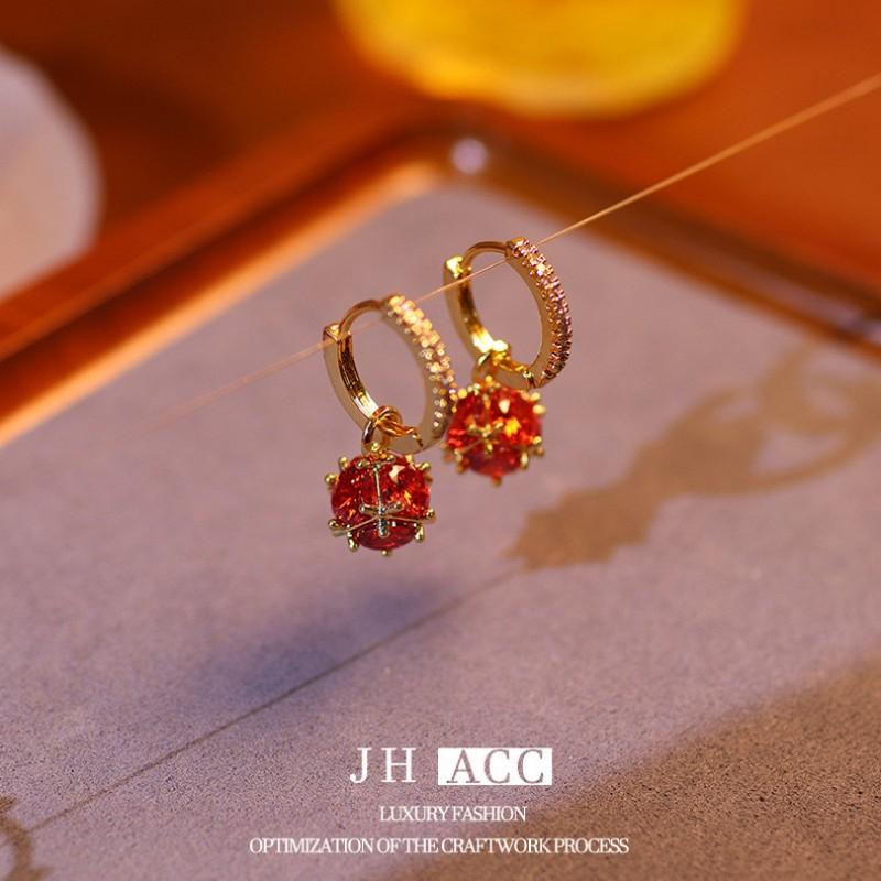 Sterling Garnet Stud Earrings Women Minimalist Geometric Design Gold Plated Fashion Jewelry