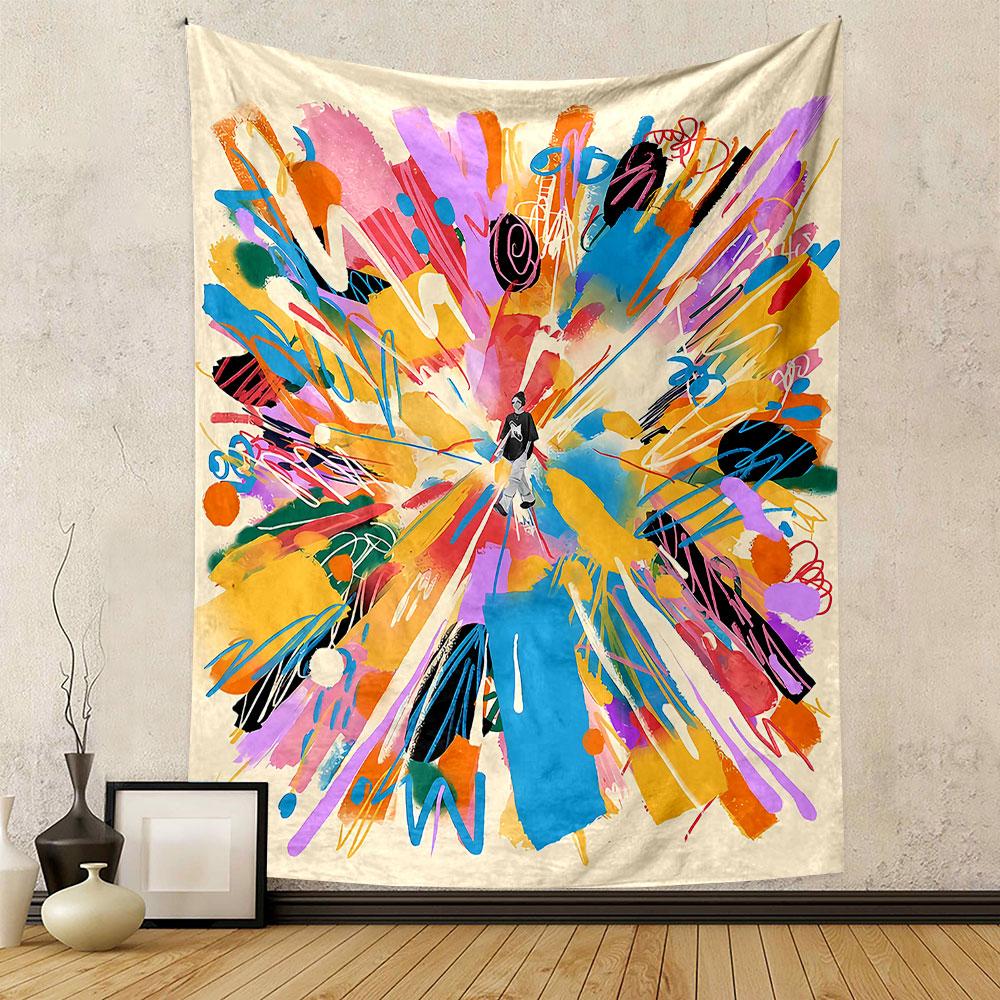 "Colorful Explosion with Central Figure" Patterned tapestry home decor, suitable for bedroom and living room, gift