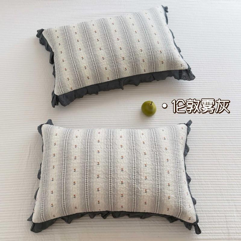 Cotton Washed Thick Pillowcase Set 48x74cm With Quilted Border Embroidery Floral Design Bedding Home Use
