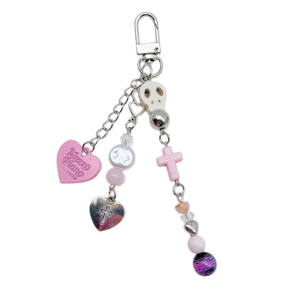 Unique and Stylish Beaded Keyring Dark Themed Skull Heart Cross Pendant Keychain Accessory for Fashion Enthusiasts