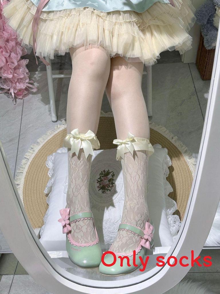 Lolita Style Youth Girl Midcalf Satin Bow Socks With Antifriction Features