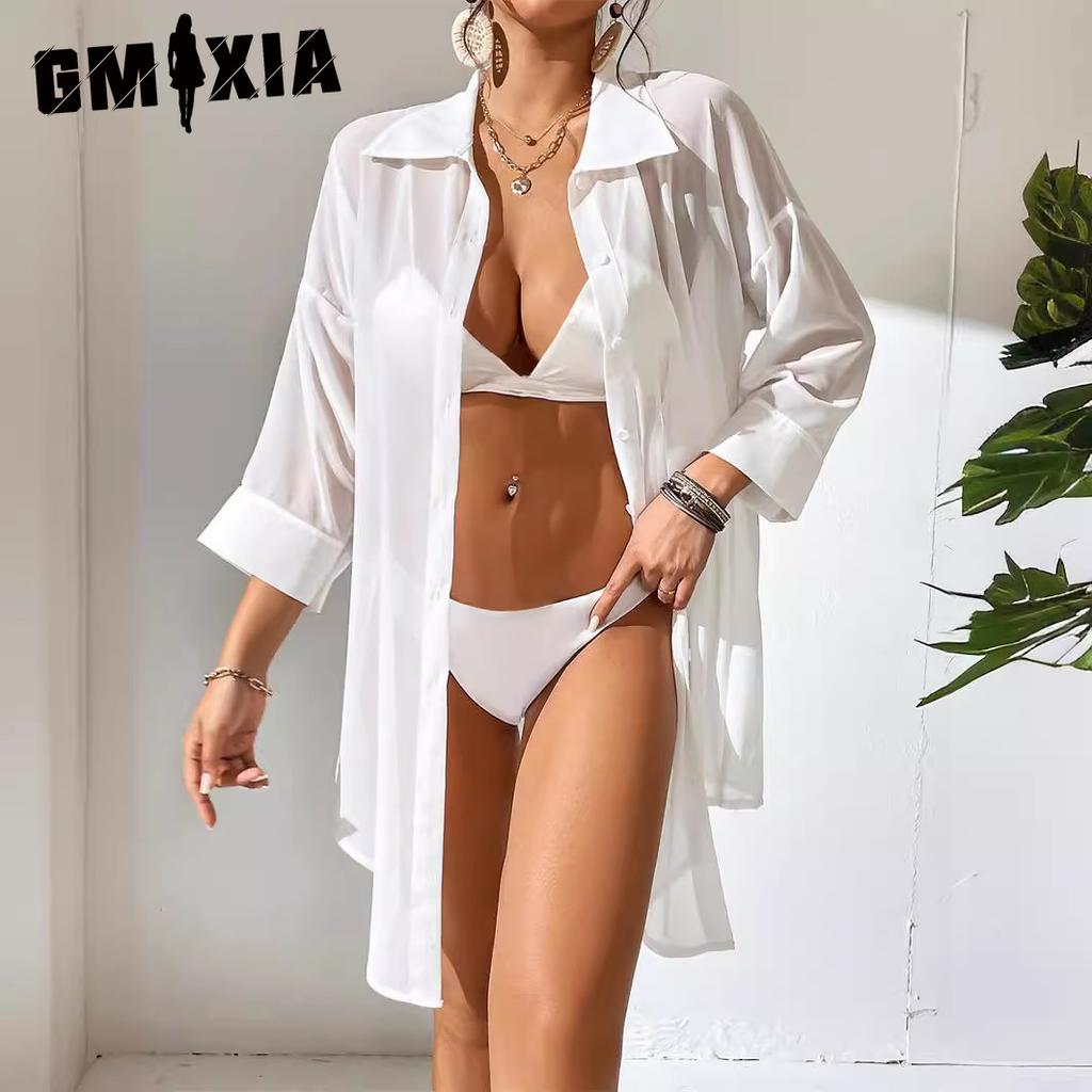 GMXIA Рубашка женская шифоновая повседневная пляжная солнцезащитная рубашка с воротником-поло