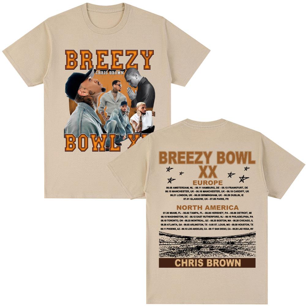 Rapper Chris Brown Album Tshirt Breezy Bowl XX Tour 2025 Hip Hop Vintage T Shirt Men Women Oversized Cotton Tshirts Streetwear