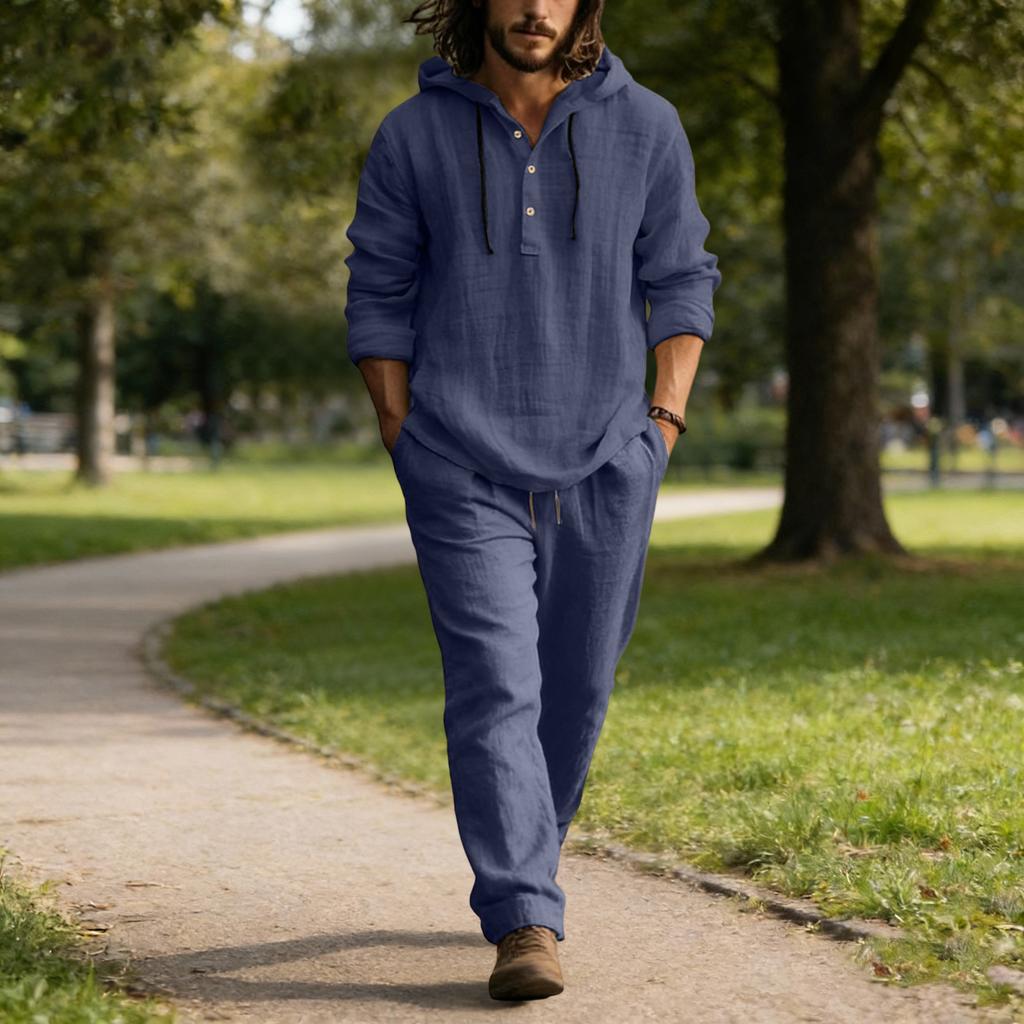 Мужской повседневный льняной комплект, Рубашка на пуговицах, Брюки с эластичным поясом и кулиской, Свободные, Удобный комплект из двух предметов