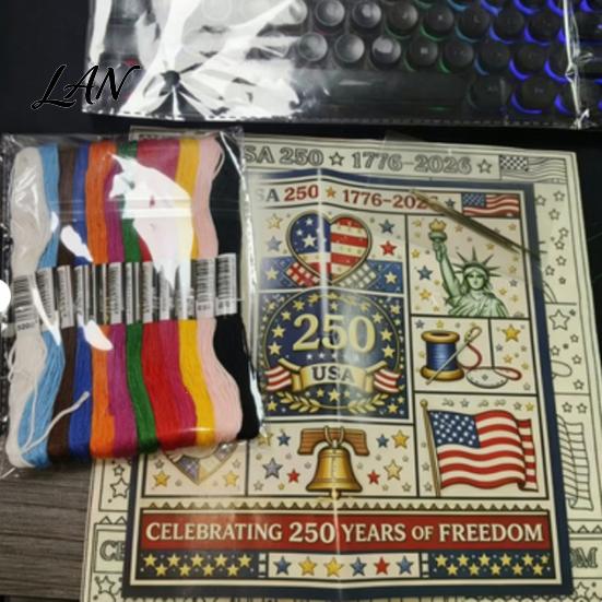 Cotton Embroidery Cloth 250th Anniversary Cross Stitch Kit, Independence Day Theme, Red White Blue Threads American Flag Set, Patriotic USA